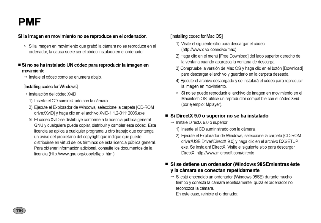 Samsung EC-NV4ZZPBB/E1 manual  Si DirectX 9.0 o superior no se ha instalado,  Instale el códec como se enumera abajo 