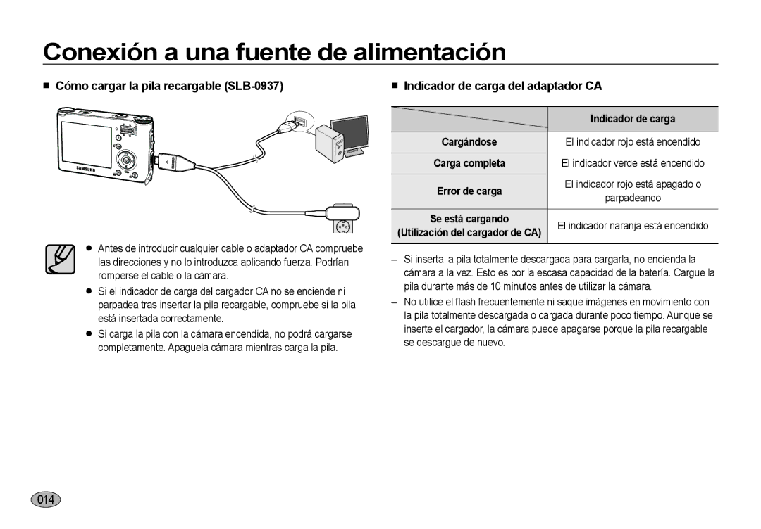 Samsung EC-NV4ZZBBA/E3, EC-NV4ZZSBA/E3, EC-NV4ZZPBA/E3 Error de carga, Se está cargando, Utilización del cargador de CA 