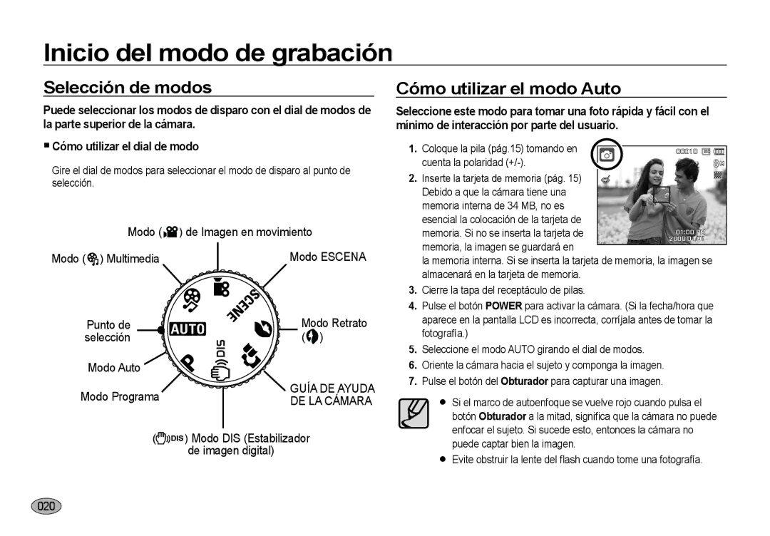 Samsung EC-NV4ZZPBB/E1 manual Inicio del modo de grabación, Selección de modos, Cómo utilizar el modo Auto, DE LA Cámara 