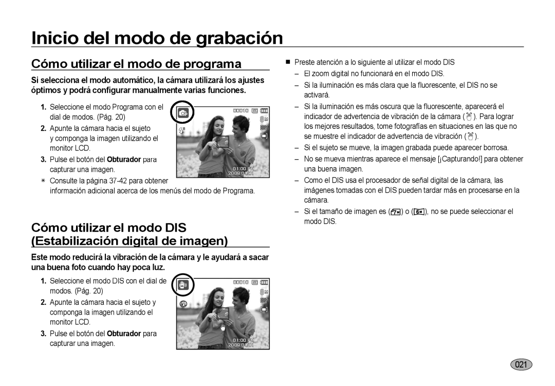 Samsung EC-NV4ZZBBA/E1 manual Cómo utilizar el modo de programa, Cómo utilizar el modo DIS Estabilización digital de imagen 