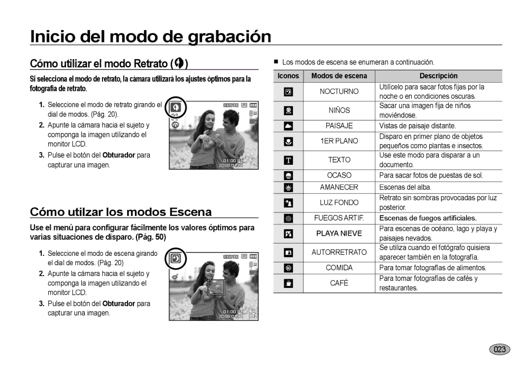 Samsung EC-NV4ZZSBA/E3, EC-NV4ZZPBA/E3, EC-NV4ZZTBB/E3 Cómo utilizar el modo Retrato, Cómo utilzar los modos Escena, Texto 