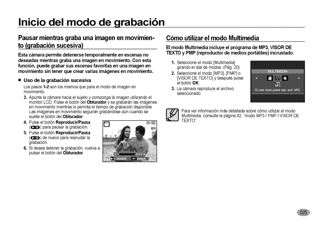 Samsung EC-NV4ZZTBB/E3 Cómo utilizar el modo Multimedia,  Uso de la grabación sucesiva, Pulse el botón Reproducir/Pausa 