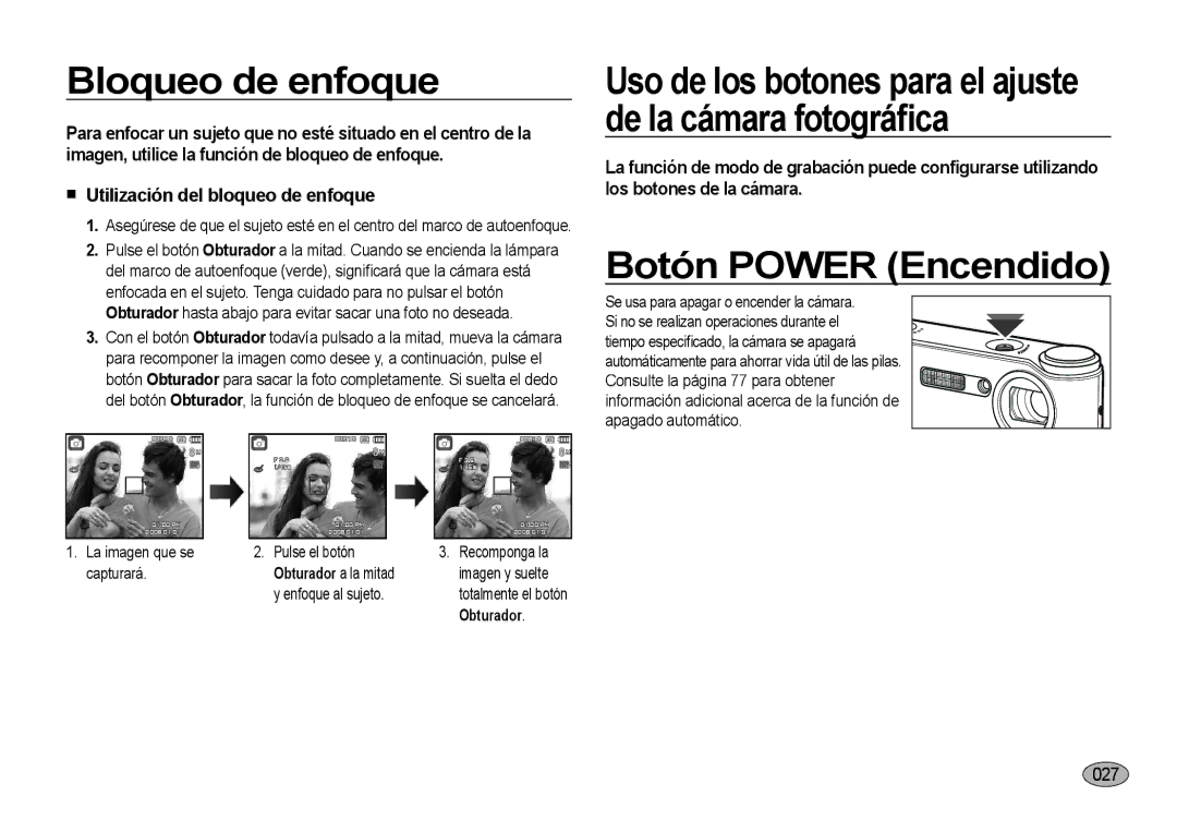 Samsung EC-NV4ZZTBE/E1, EC-NV4ZZSBA/E3 Bloqueo de enfoque, Botón Power Encendido,  Utilización del bloqueo de enfoque 