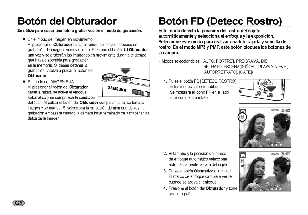 Samsung EC-NV4ZZBBB/E1, EC-NV4ZZSBA/E3, EC-NV4ZZPBA/E3, EC-NV4ZZTBB/E3 manual Botón del Obturador, Botón FD Detecc Rostro 