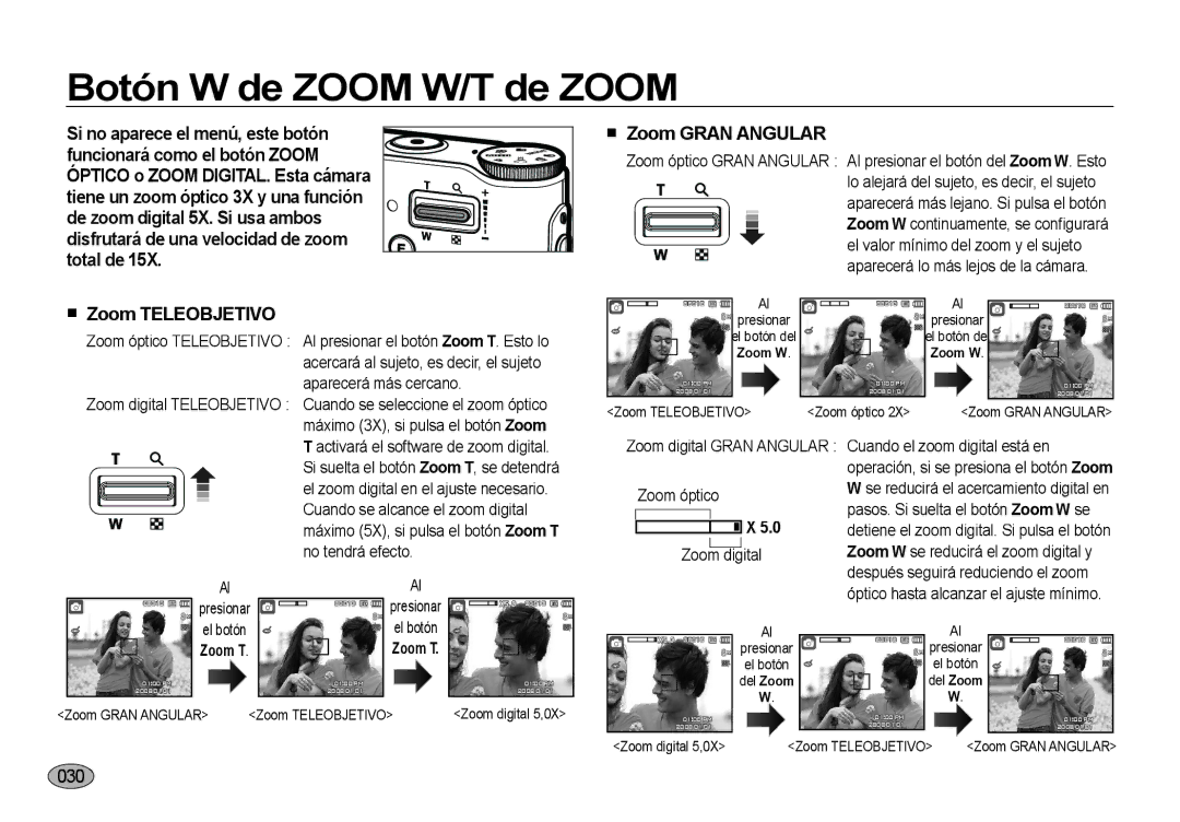 Samsung EC-NV4ZZSBA/E1, EC-NV4ZZSBA/E3 manual Botón W de Zoom W/T de Zoom, Si no aparece el menú, este botón, Zoom T 