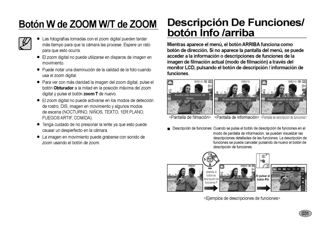 Samsung EC-NV4ZZPBC/E1 manual Descripción De Funciones/ botón Info /arriba, Ejemplos de descripciones de funciones 