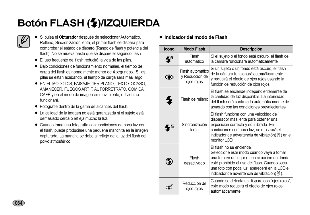 Samsung EC-NV4ZZBBA/AS, EC-NV4ZZSBA/E3, EC-NV4ZZPBA/E3, EC-NV4ZZTBB/E3 manual  I ndicador del modo de Flash, Icono Modo Flash 