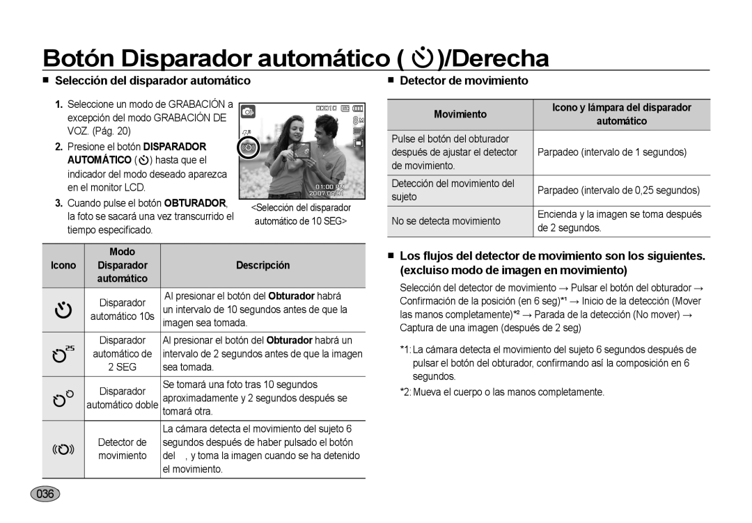 Samsung EC-NV4ZZPBA/E3, EC-NV4ZZSBA/E3 manual  Selección del disparador automático, Excluiso modo de imagen en movimiento 