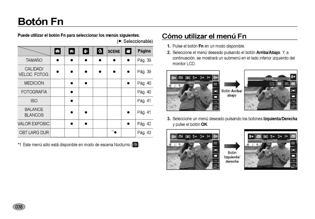 Samsung EC-NV4ZZBBA/E3 manual Botón Fn, Cómo utilizar el menú Fn, Este menú sólo está disponible en modo de escena Nocturno 