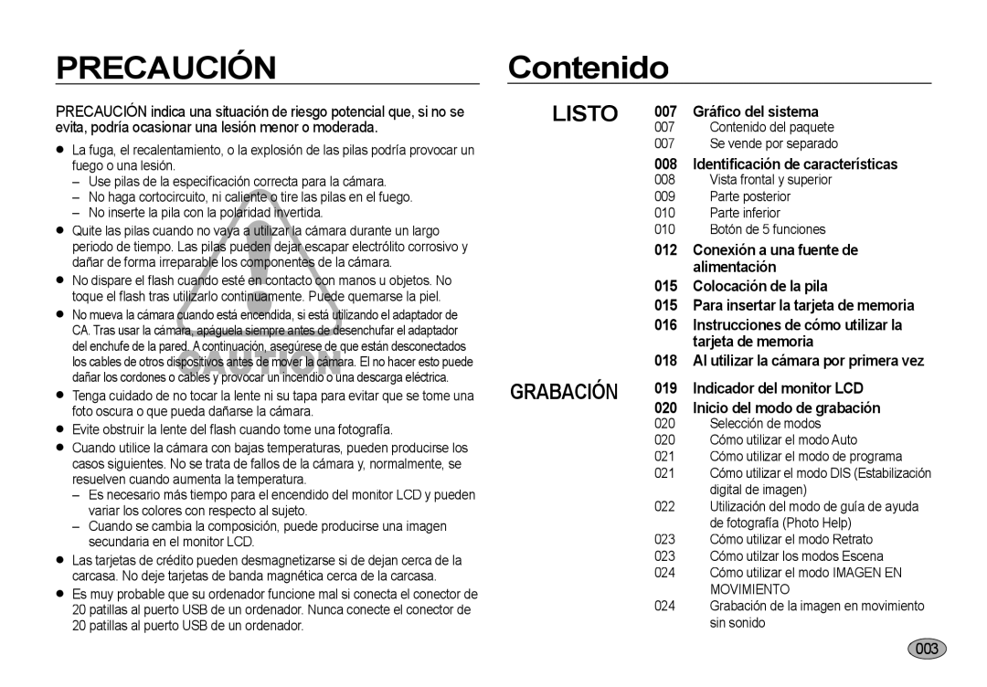 Samsung EC-NV4ZZTBE/E1, EC-NV4ZZSBA/E3, EC-NV4ZZPBA/E3, EC-NV4ZZTBB/E3, EC-NV4ZZBBA/E3, EC-NV4ZZBBB/E1 manual Contenido, Listo 