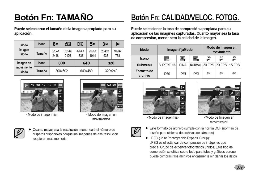 Samsung EC-NV4ZZTBE/E1 manual Botón Fn Tamaño, 2448 2176 1836 1944 1536 768, 800x592 640x480 320x240, Imagen ﬁjaModo, Fina 