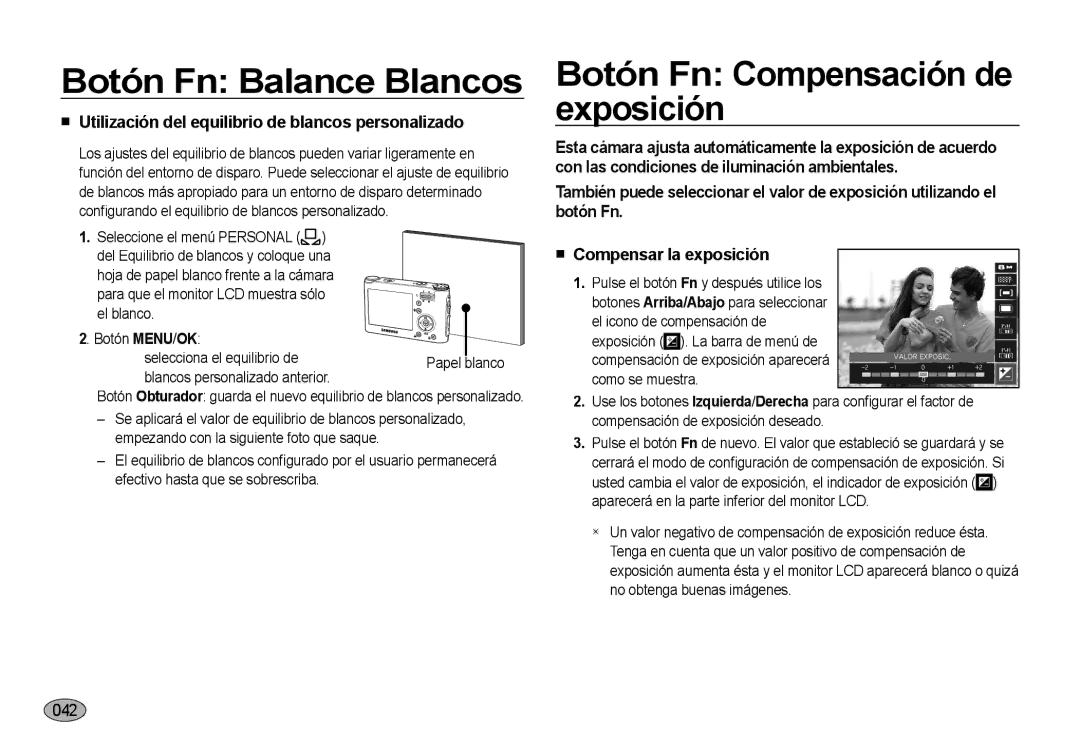 Samsung EC-NV4ZZSBA/E1 manual Botón Fn Compensación de exposición,  Utilización del equilibrio de blancos personalizado 