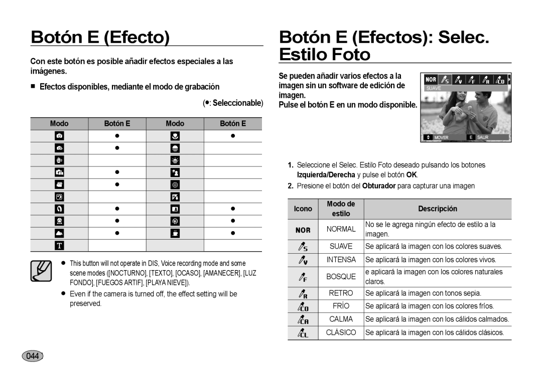 Samsung EC-NV4ZZPBB/E1 manual Botón E Efectos Selec Estilo Foto, Imagen, Claros, Se aplicará la imagen con tonos sepia 