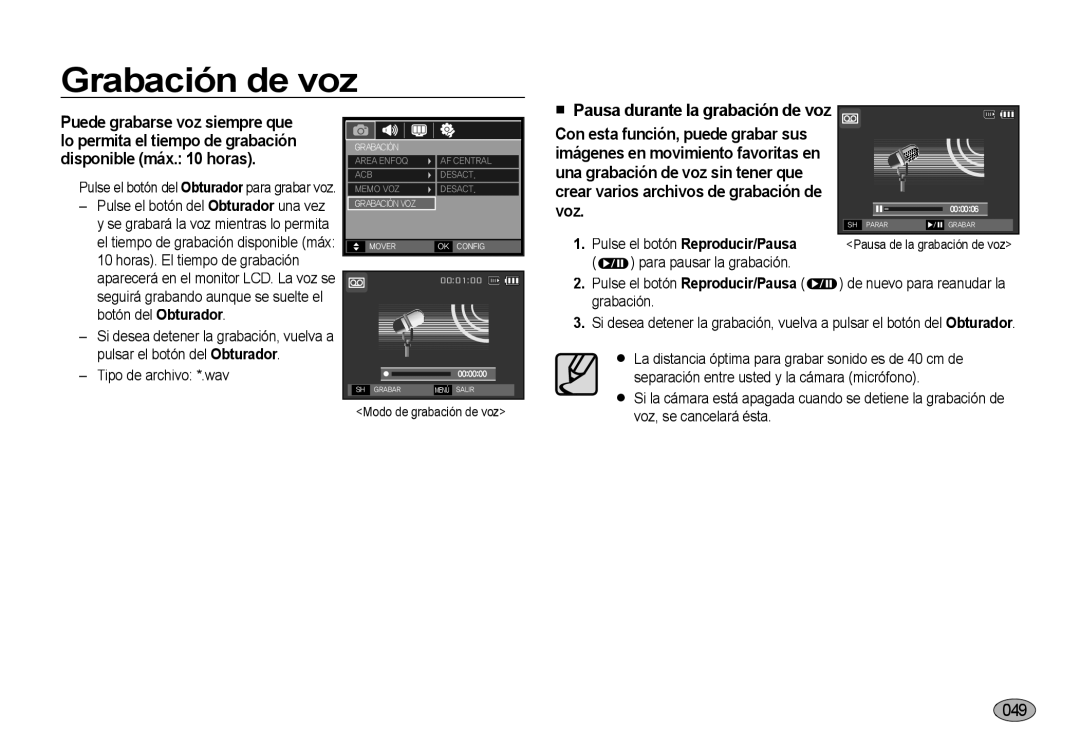 Samsung EC-NV4ZZTBB/E3, EC-NV4ZZSBA/E3, EC-NV4ZZPBA/E3 manual Grabación de voz, Voz,  Pausa durante la grabación de voz 