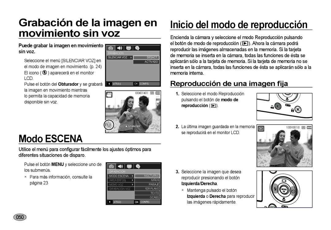 Samsung EC-NV4ZZBBA/E3 manual Modo Escena, Reproducción de una imagen ﬁja, Puede grabar la imagen en movimiento sin voz 