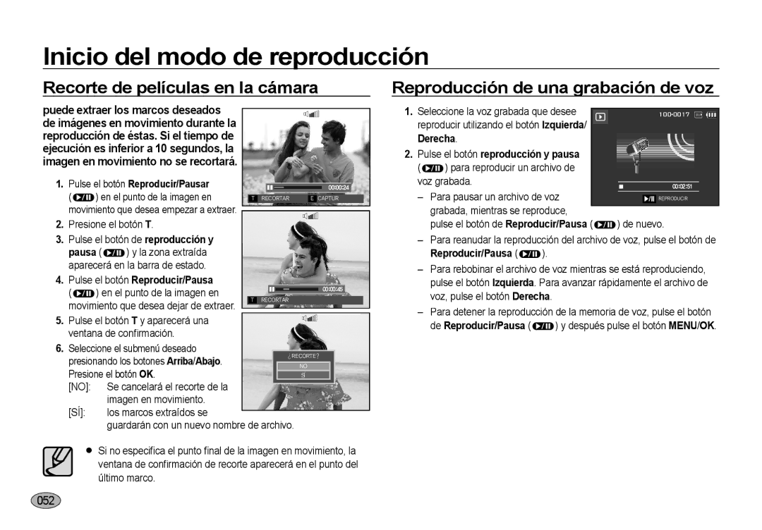 Samsung EC-NV4ZZBBB/E1 manual Movimiento que desea empezar a extraer, Para reproducir un archivo de voz grabada, De nuevo 