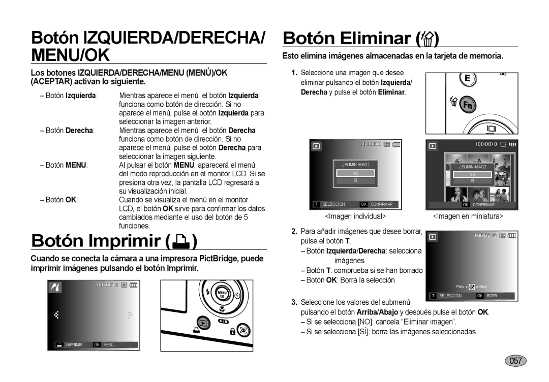 Samsung EC-NV4ZZBBA/E1, EC-NV4ZZSBA/E3, EC-NV4ZZPBA/E3 manual Botón IZQUIERDA/DERECHA, Botón Imprimir, Botón Eliminar 