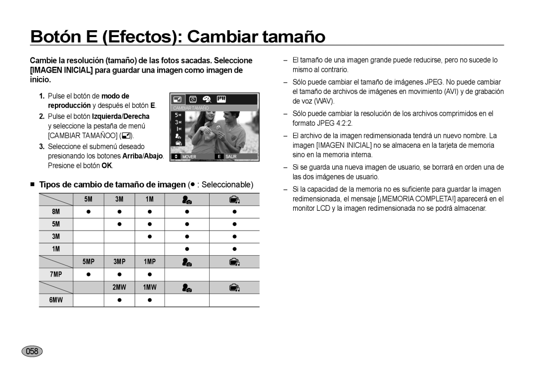 Samsung EC-NV4ZZBBA/AS manual Botón E Efectos Cambiar tamaño,  Tipos de cambio de tamaño de imagen  Seleccionable 