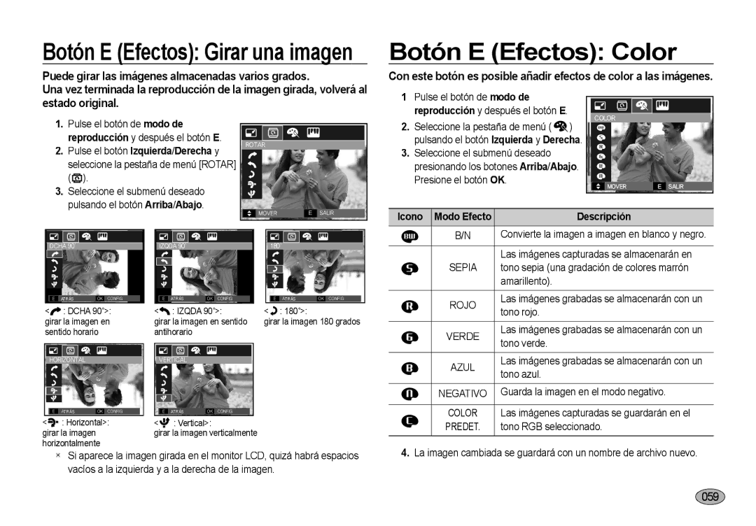 Samsung EC-NV4ZZSBA/E3 manual Botón E Efectos Color, Pulse el botón de modo de Reproducción y después el botón E, Tono rojo 