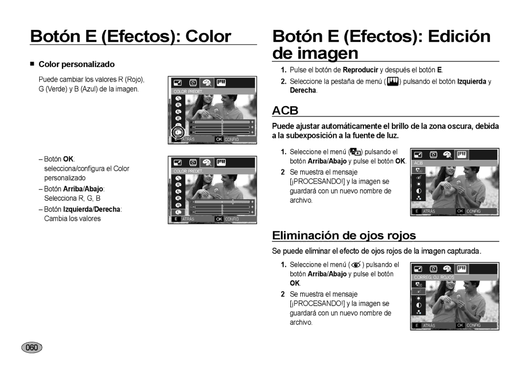 Samsung EC-NV4ZZPBA/E3 manual Botón E Efectos Color Botón E Efectos Edición de imagen, Acb, Eliminación de ojos rojos 