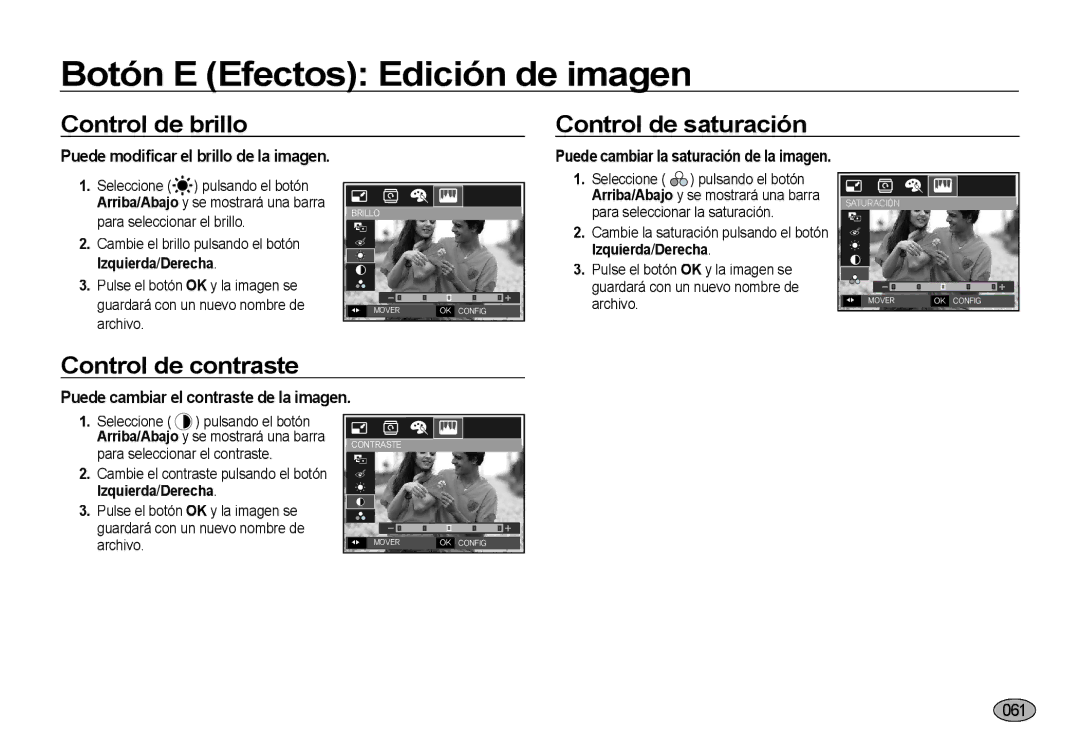 Samsung EC-NV4ZZTBB/E3, EC-NV4ZZSBA/E3, EC-NV4ZZPBA/E3 manual Control de brillo, Control de saturación, Control de contraste 