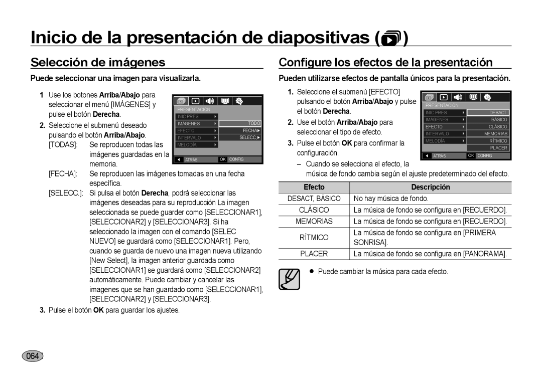 Samsung EC-NV4ZZBBB/E1, EC-NV4ZZSBA/E3 manual Selección de imágenes, Conﬁgure los efectos de la presentación, Sonrisa 