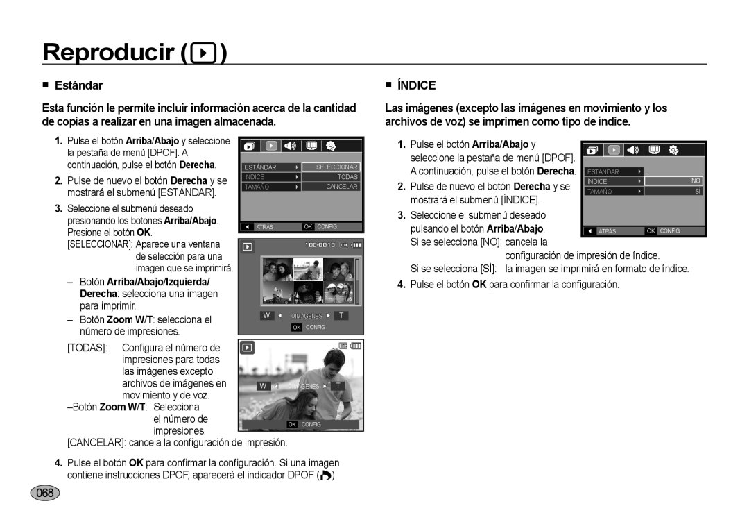 Samsung EC-NV4ZZPBB/E1, EC-NV4ZZSBA/E3  Estándar, La pestaña de menú DPOF. a, Botón Arriba/Abajo/Izquierda, Para imprimir 