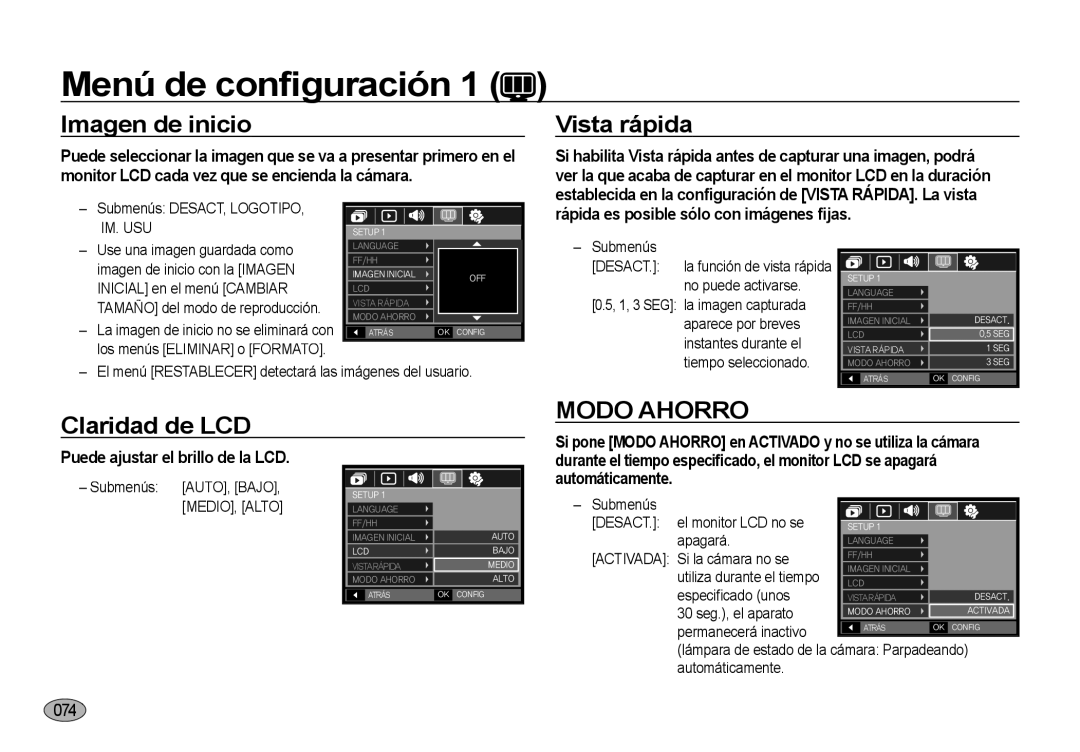 Samsung EC-NV4ZZBBA/E3, EC-NV4ZZSBA/E3, EC-NV4ZZPBA/E3 manual Imagen de inicio, Vista rápida, Claridad de LCD, Modo Ahorro 