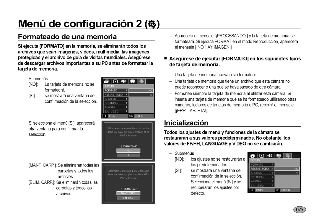 Samsung EC-NV4ZZTBE/E1, EC-NV4ZZSBA/E3, EC-NV4ZZPBA/E3 Formateado de una memoria, Inicialización, De tarjeta de memoria 