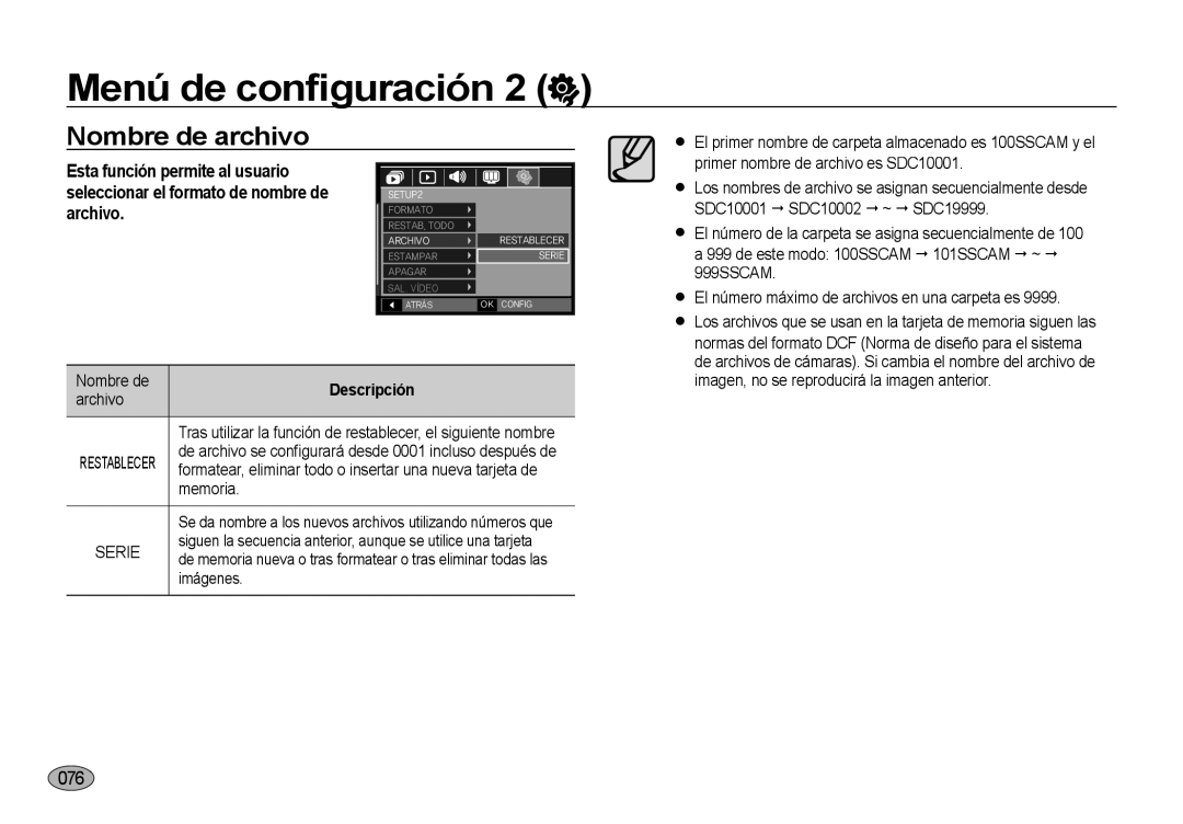 Samsung EC-NV4ZZBBB/E1 manual Nombre de archivo, Primer nombre de archivo es SDC10001, SDC10001  SDC10002  ~  SDC19999 