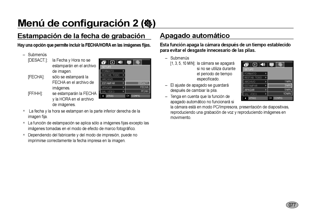 Samsung EC-NV4ZZSBB/E1, EC-NV4ZZSBA/E3, EC-NV4ZZPBA/E3 manual Estampación de la fecha de grabación, Apagado automático, Fecha 