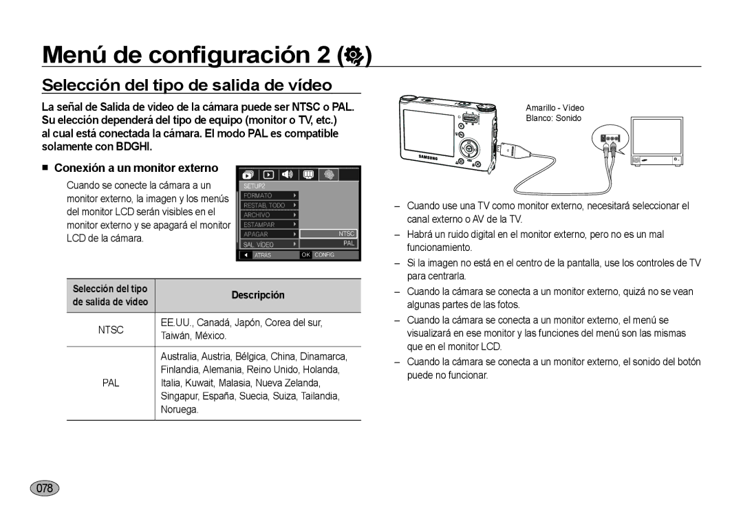 Samsung EC-NV4ZZSBA/E1, EC-NV4ZZSBA/E3 Selección del tipo de salida de vídeo,  Conexión a un monitor externo, Ntsc PAL 