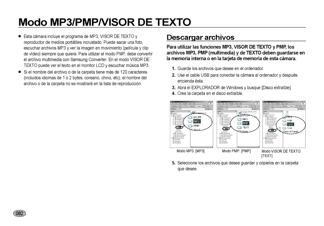 Samsung EC-NV4ZZBBA/AS, EC-NV4ZZSBA/E3, EC-NV4ZZPBA/E3, EC-NV4ZZTBB/E3 manual Modo MP3/PMP/VISOR DE Texto, Descargar archivos 