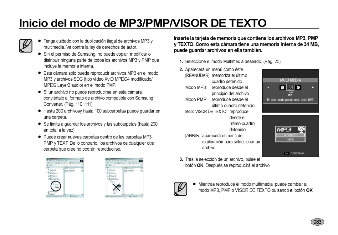 Samsung EC-NV4ZZSBA/E3, EC-NV4ZZPBA/E3, EC-NV4ZZTBB/E3, EC-NV4ZZBBA/E3 manual Inicio del modo de MP3/PMP/VISOR DE Texto 