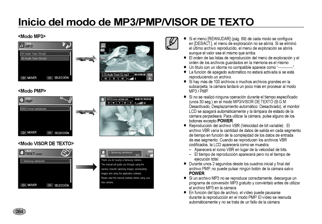 Samsung EC-NV4ZZPBA/E3, EC-NV4ZZSBA/E3, EC-NV4ZZTBB/E3, EC-NV4ZZBBA/E3 manual Modo MP3, Modo PMP, Modo Visor DE Texto 