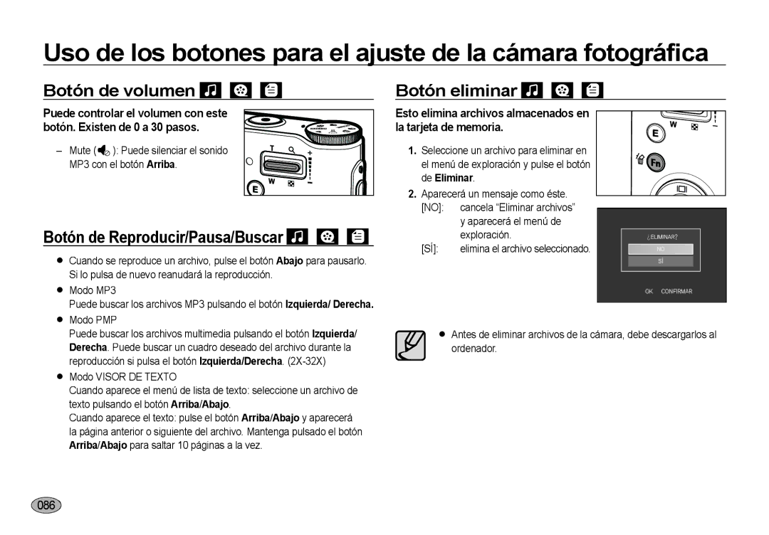 Samsung EC-NV4ZZBBA/E3 manual Botón de volumen, Botón eliminar, Esto elimina archivos almacenados en la tarjeta de memoria 