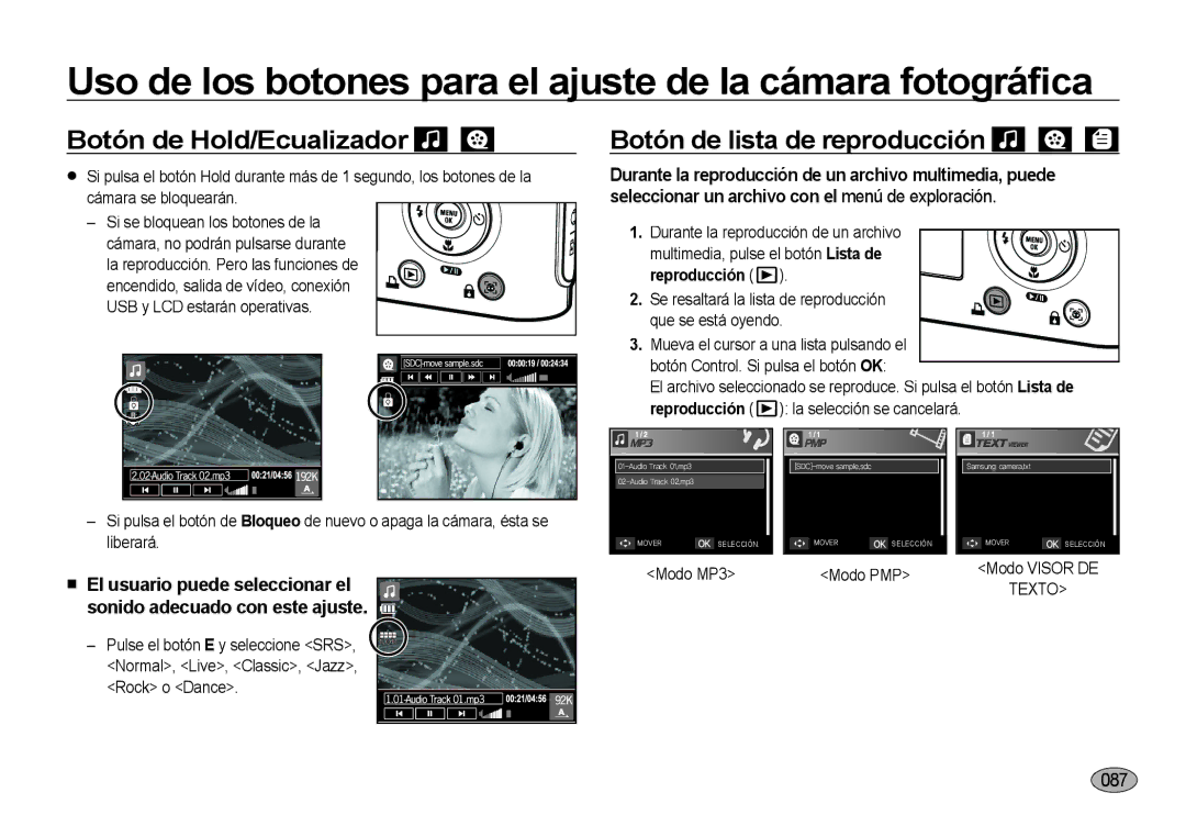 Samsung EC-NV4ZZTBE/E1 manual Botón de Hold/Ecualizador, Botón de lista de reproducción, Rock o Dance, Reproducción 