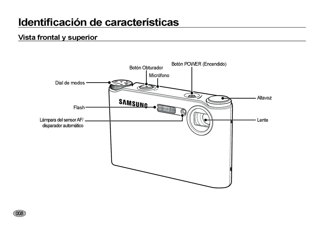 Samsung EC-NV4ZZPBB/E1, EC-NV4ZZSBA/E3, EC-NV4ZZPBA/E3 manual Identiﬁcación de características, Vista frontal y superior 