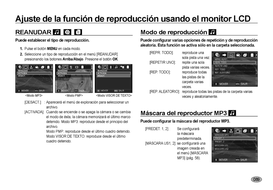 Samsung EC-NV4ZZSBB/E1, EC-NV4ZZSBA/E3, EC-NV4ZZPBA/E3 manual Reanudar, Modo de reproducción, Máscara del reproductor MP3 