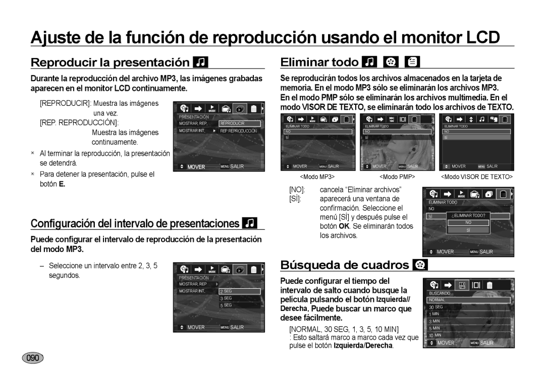 Samsung EC-NV4ZZSBA/E1, EC-NV4ZZSBA/E3, EC-NV4ZZPBA/E3 manual Reproducir la presentación, Eliminar todo, Búsqueda de cuadros 