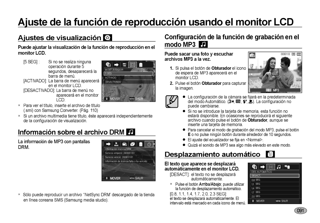 Samsung EC-NV4ZZPBC/E1 manual Ajustes de visualización, Conﬁguración de la función de grabación en el modo MP3, Monitor LCD 