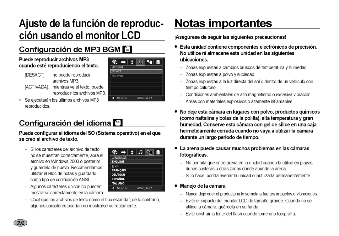 Samsung EC-NV4ZZPBB/E1, EC-NV4ZZSBA/E3, EC-NV4ZZPBA/E3 Notas importantes, Conﬁguración de MP3 BGM, Conﬁguración del idioma 