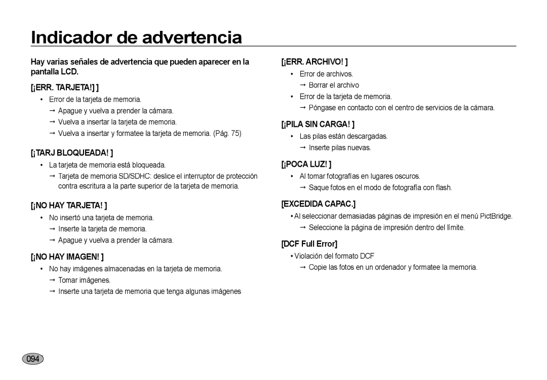 Samsung EC-NV4ZZBBA/AS, EC-NV4ZZSBA/E3 manual Indicador de advertencia, DCF Full Error, La tarjeta de memoria está bloqueada 