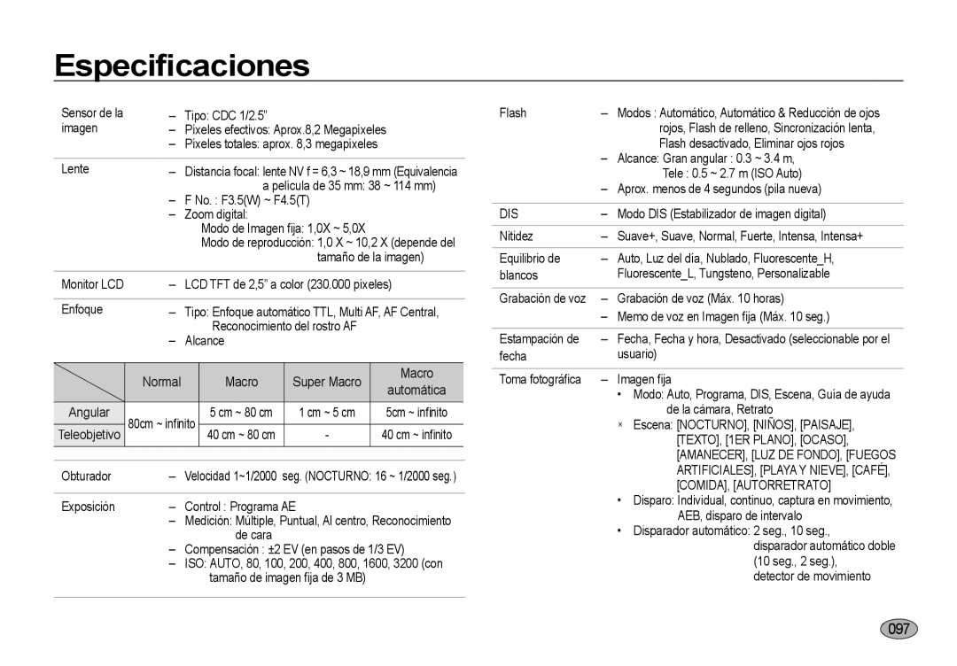 Samsung EC-NV4ZZTBB/E3, EC-NV4ZZSBA/E3, EC-NV4ZZPBA/E3 Especiﬁcaciones, Dis, TEXTO, 1ER PLANO, Ocaso, COMIDA, Autorretrato 