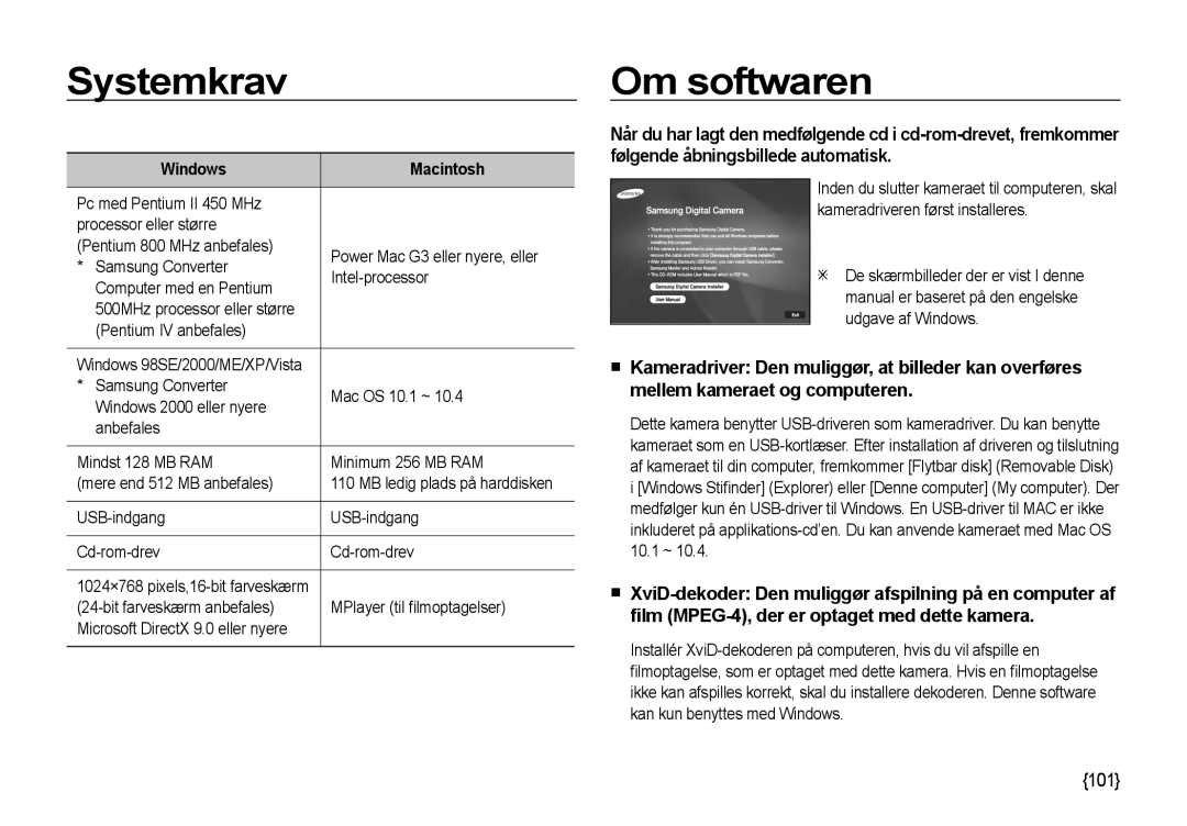 Samsung EC-NV4ZZTBB/E3, EC-NV4ZZSBA/E3, EC-NV4ZZPBA/E3, EC-NV4ZZBBA/E3 manual Systemkrav, Om softwaren, Windows Macintosh 