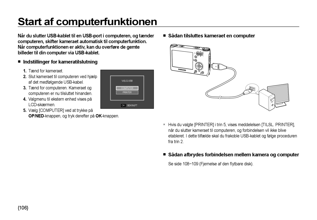 Samsung EC-NV4ZZTBB/E3, EC-NV4ZZSBA/E3, EC-NV4ZZPBA/E3 Start af computerfunktionen, Indstillinger for kameratilslutning 