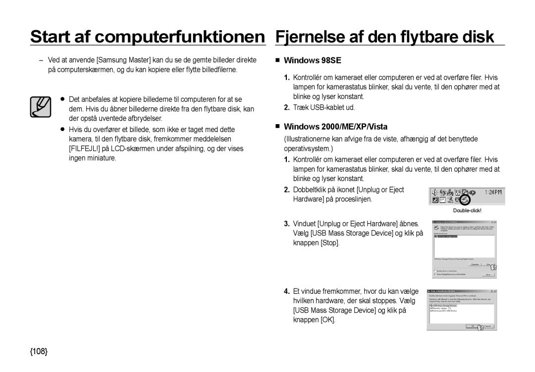 Samsung EC-NV4ZZBBA/E2, EC-NV4ZZSBA/E3 Start af computerfunktionen Fjernelse af den ﬂytbare disk, Windows 2000/ME/XP/Vista 