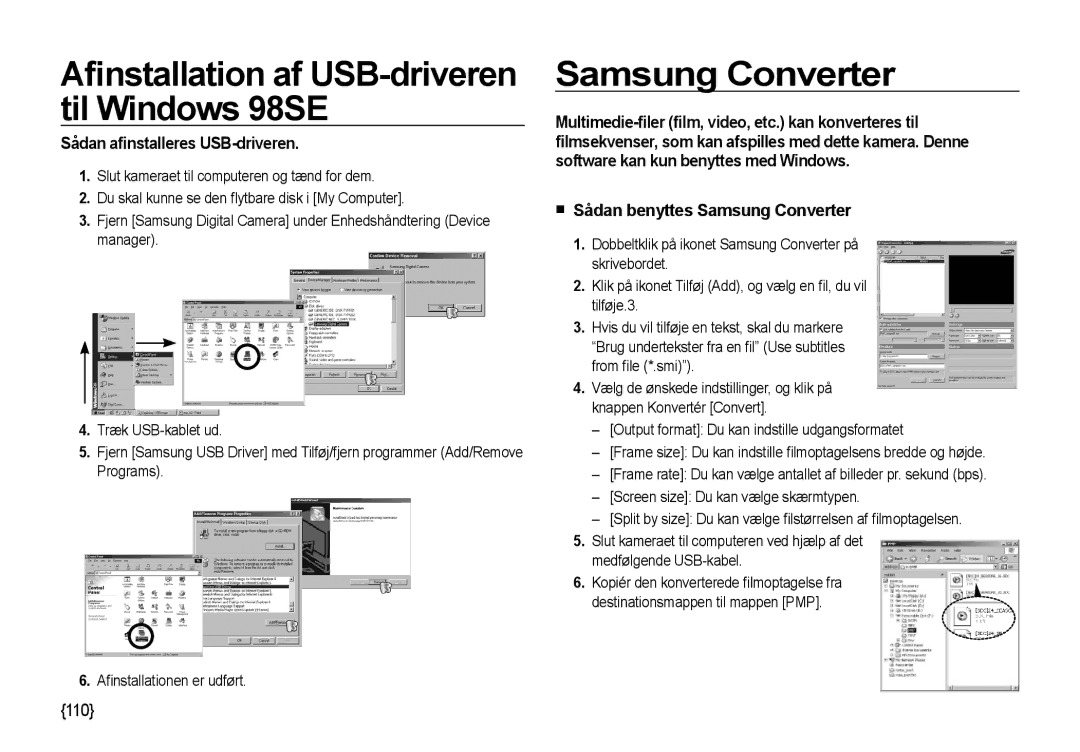 Samsung EC-NV4ZZPBA/E3, EC-NV4ZZSBA/E3 manual Sådan aﬁnstalleres USB-driveren, Sådan benyttes Samsung Converter 