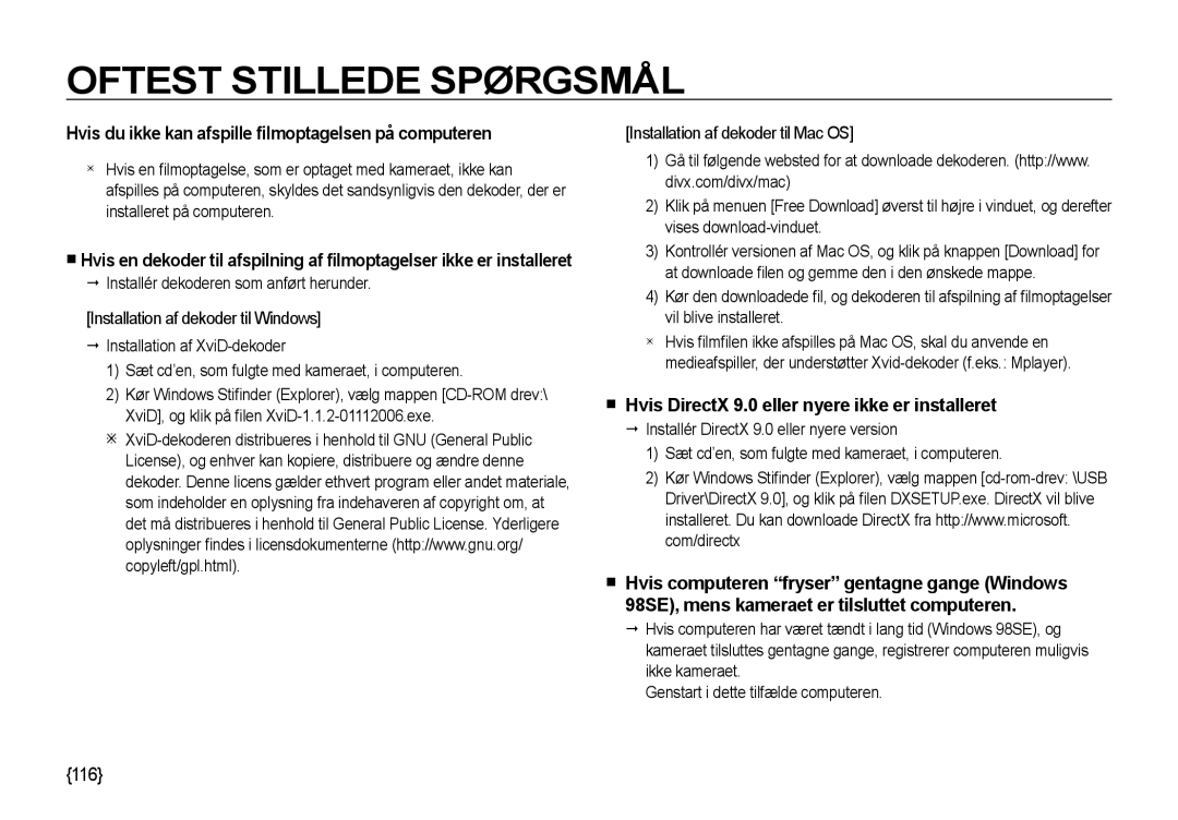 Samsung EC-NV4ZZTBB/E3 Hvis du ikke kan afspille ﬁlmoptagelsen på computeren, Installér dekoderen som anført herunder 