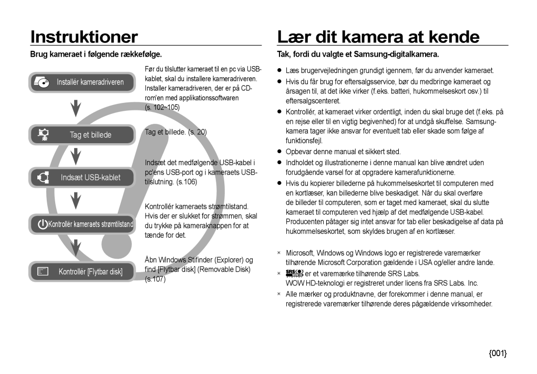 Samsung EC-NV4ZZTBB/E3, EC-NV4ZZSBA/E3 manual Instruktioner, Lær dit kamera at kende, Brug kameraet i følgende rækkefølge 